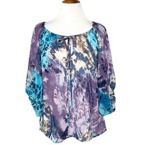 Romeo & Juliet Couture Pastel Watercolor Tie Neck Balloon Sleeve Peasant Top